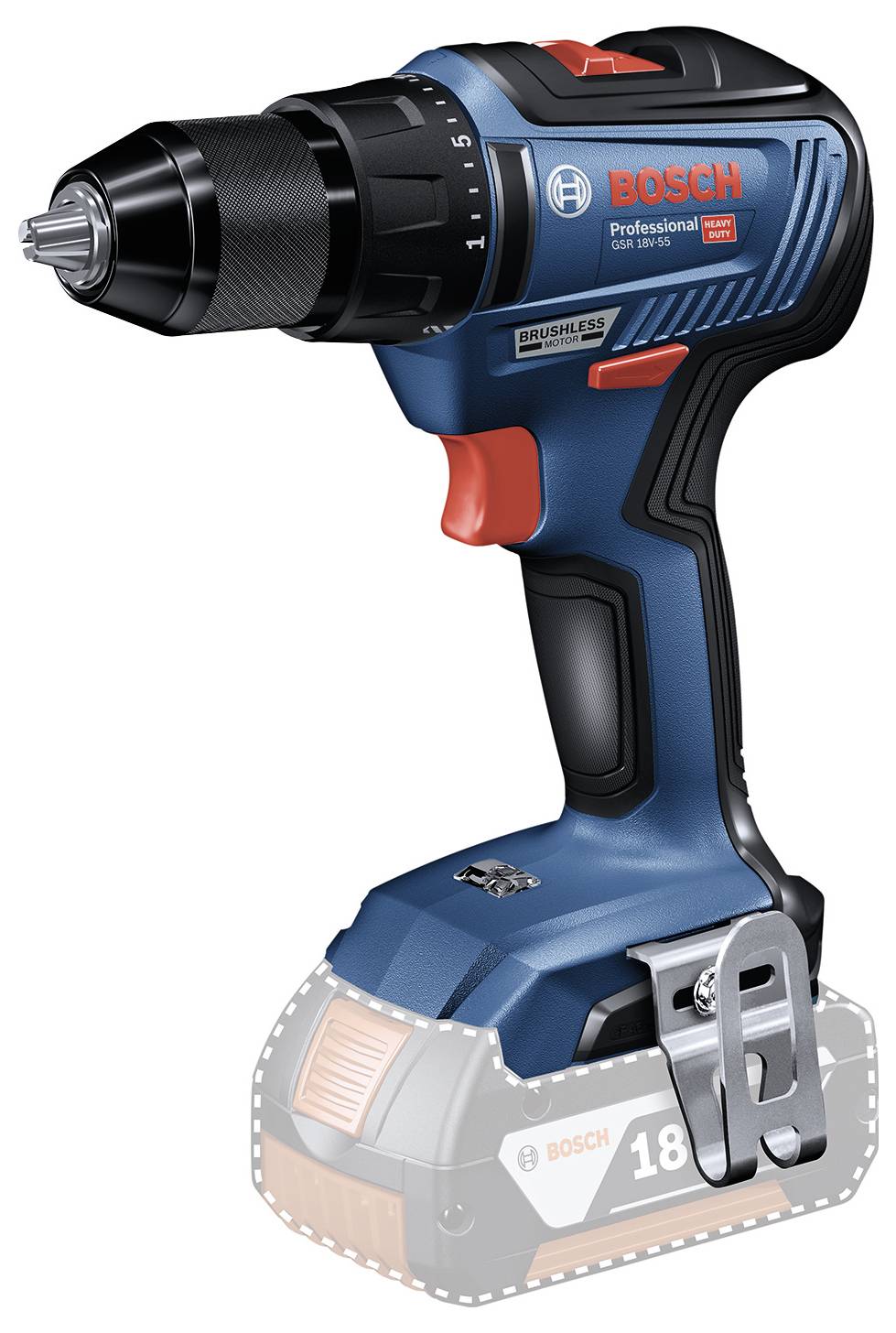 Bosch akku-skruemaskine med blåt hus, sort greb og rød accent. Batteriet vist nedtonet forneden.