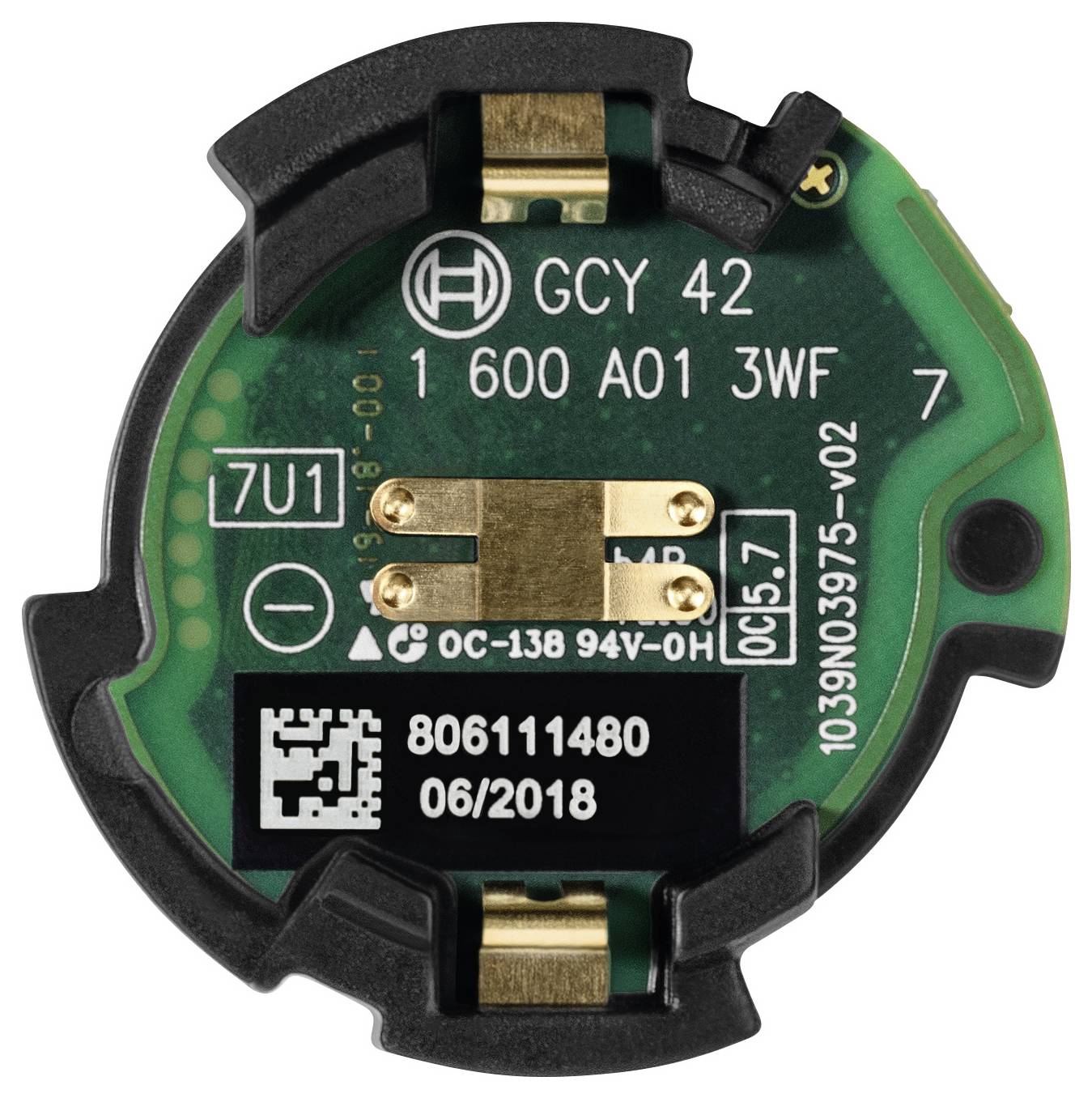 Elektronisk komponent med grøn-sort printplade, som viser flere kontaktpunkter og påtrykte tal og QR-kode.