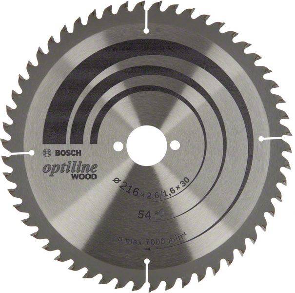 Bosch rundsavsklinge til træ, med 54 tænder og en diameter på 216 mm.