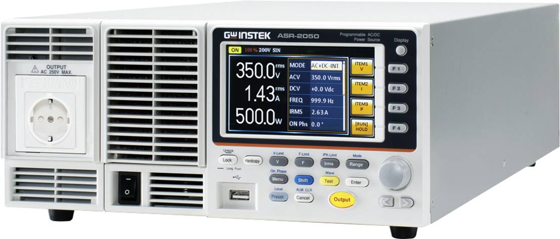 Et programmerbart AC-DC-strømforsyningsapparat med digitalt display, der viser forskellige spændings- og strømværdier.