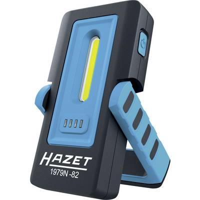 Bærbar, blå og sort LED-arbejdslampe fra Hazet med foldbar stander og USB-opladningsport.