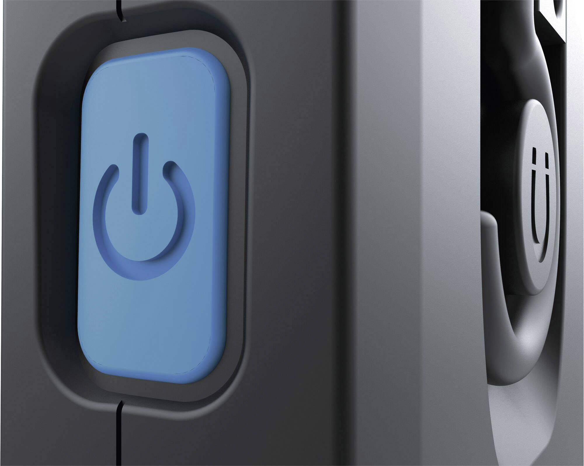 Tæt nærbillede af en blå netafbryder på en elektronisk enhed. Afbryderen viser det typiske tænd-symbol.