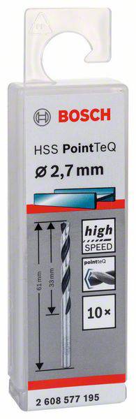 Boresæt 'Bosch HSS PointTeQ 2,7 mm', indeholder 10 stk. Hovedegenskaber: høj hastighed, borelængde 61 mm.