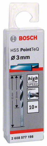 Emballage til Bosch HSS PointTeQ bor, diameter 3 mm, længde 61 mm. Indeholder 10 stk., egnet til højthastighedsboring.