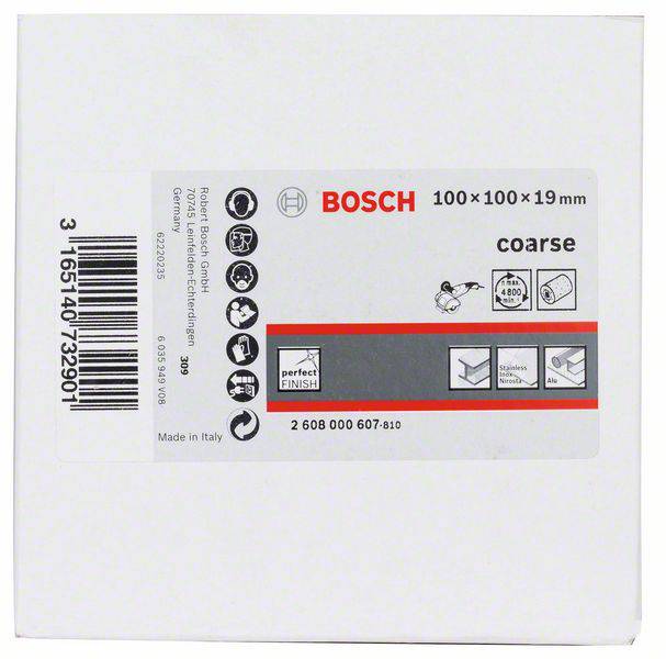 Emballage til Bosch-produkt: Slibeblade 100x100x19 mm, 'grov'. Indeholder symboler for brugsvejledning og oprindelse 'Made in Italy'.