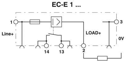 Principdiagram med mærkning 'EC-E 1'. Strømløb fra 'Line+' til 'LOAD+'. Kontaktpositioner 13 og 14 vist med forgreninger.