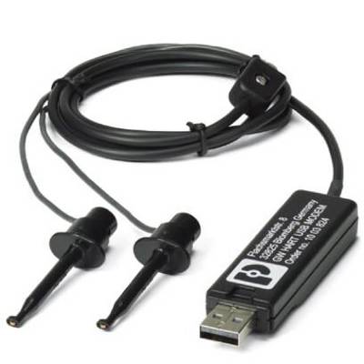 Et USB-oscilloskop med to sorte målesonder og kabler, til optagelse af elektriske signaler.