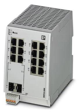 Industri-Ethernet-switch fra Phoenix Contact med flere LAN-porte, egnet til integration i automatiseringssystemer.