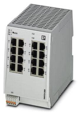 Industriel Ethernet-switch med flere LAN-porte, egnet til montering på DIN-skinne, anvendt i industrielle netværk.