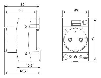 Teknisk tegning af en elektrisk stikkontakt med mål: 60x75 mm; dybde: 61,7 mm. Viser frontal- og sidevisning.