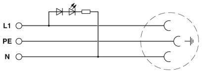 En kredsløb viser forbindelsen mellem fase (L1), beskyttelsesleder (PE) og neutralleder (N) parallelt med en LED og en modstand.