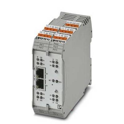 Et elektronisk komponent med Ethernet-forbindelser, mærkede klemmer og LED'er. Bruges i industrielle styringssystemer.