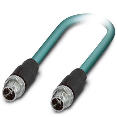 Et grøn-sort Ethernet-kabel med M12-stik i begge ender, velegnet til industrielle netværksforbindelser.