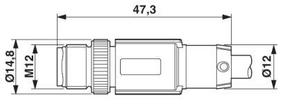 Teknisk tegning af en cylindrisk stik. Samlet længde: 47,3 mm. Diameter: 14,8 mm (M12), forreste område: 12 mm.