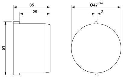 Teknisk tegning af et cylindrisk objekt med følgende mål: 51 mm højt, 35 mm bredt, diameter 47 mm, med 2 mm not.