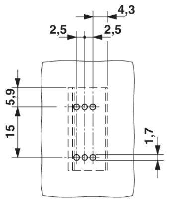 Teknisk tegning af et rektangulært objekt med flere dimensioner i millimeter. Indeholder mål på 15, 5,9, 1,7, 2,5 og 4,3.
