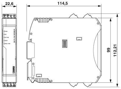 Teknisk tegning af en elektronisk enhed med dimensioner: Bredde 22,6 mm, Højde 114,5 mm, Længde 112,21 mm. For- og sidevisning.