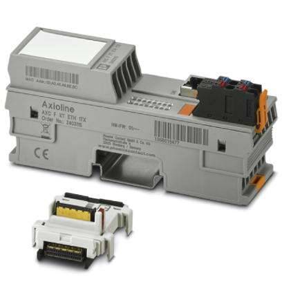 Et gråt elektrisk modul med påskriften 'Axioline' og tilslutningerne øverst. En mindre stikadapter ligger ved siden af.