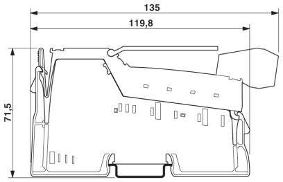 Teknisk tegning af en komponent med følgende dimensioner: Bredde 135 mm, dybde 119,8 mm, højde 71,5 mm.
