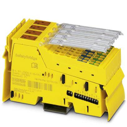 Gul elektronisk kontrolenhed med flere klemrækker og transparente afdækninger, til styring af elektriske signaler.