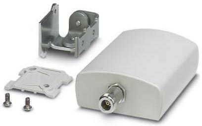 Hvidt elektronisk udstyr med metalholder og fastgørelsesskruer, muligvis en antenne eller signalforstærker.