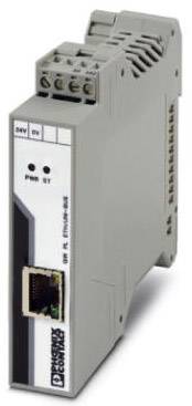 En grå, vertikal elektronisk enhed med Ethernet-stik og flere farvede stik øverst til højre.