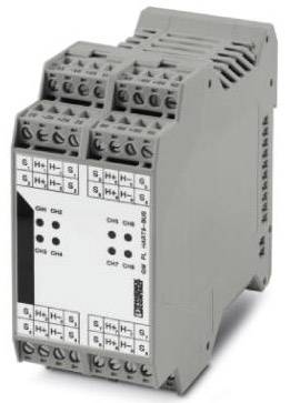 Et gråt industrielt relæapparat med flere tilslutninger og mærket frontpanel. Bruges i elektroniske kredsløbssystemer.
