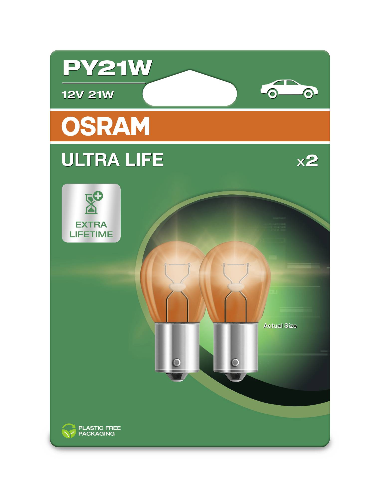 Emballage til OSRAM PY21W 12V 21W bilpærer, 'Ultra Life', 2 styk, med forlænget levetid og plastfri emballage.