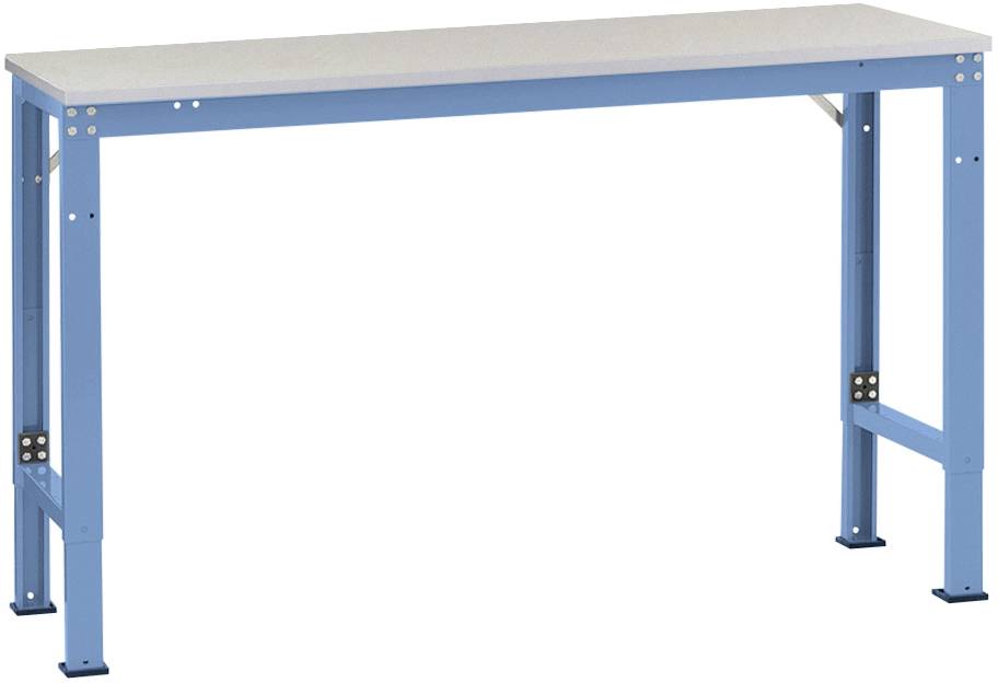Et blåt, stabilt bord med metalben og en glat bordplade. Velegnet til værksteds- eller kontorbrug.