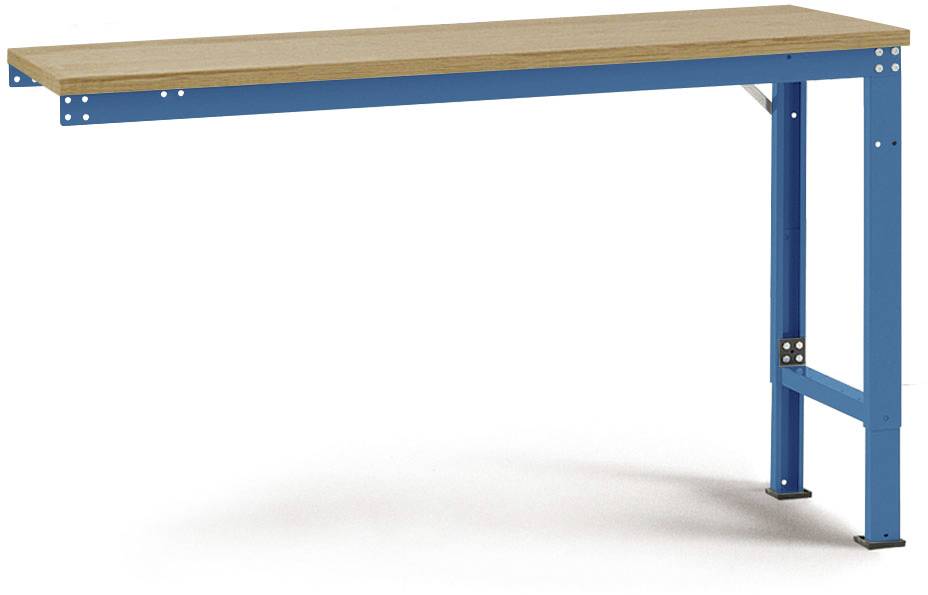 Et rektangulært bord med blå metalramme og træplade, velegnet til værkstedsbrug og montering af arbejdsbænk i et værkstedsmiljø.