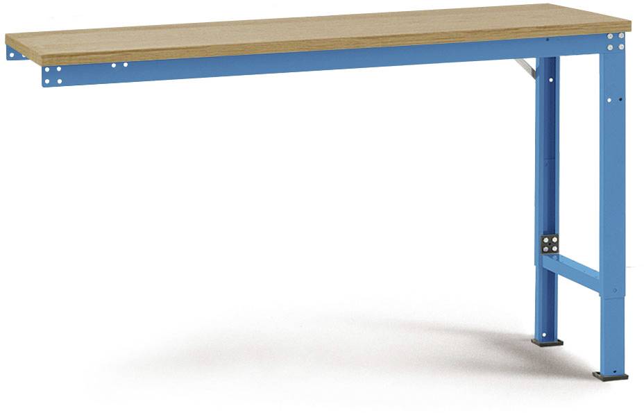 Træbordplade på blå metalramme, minimalistisk design.
