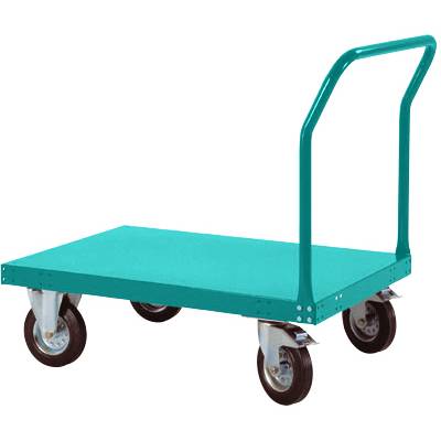 En blå transportvogn med fire hjul og et håndtag, egnet til at flytte tunge læs i lagerhaller eller fabrikker.