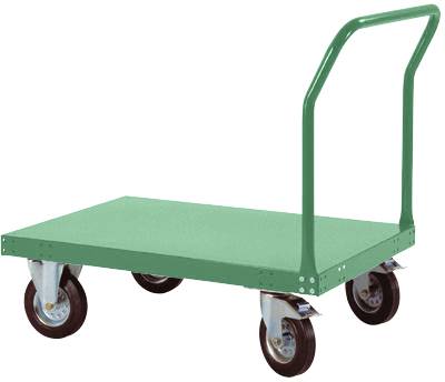 En grøn transportvogn med fire sorte hjul og et håndtag.