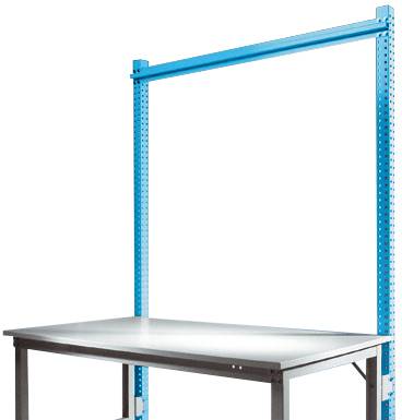 Et stabilt, højdejusterbart arbejdsbord med en blå tværbjælke foroven. Ideel til værksteder og industrielle miljøer.