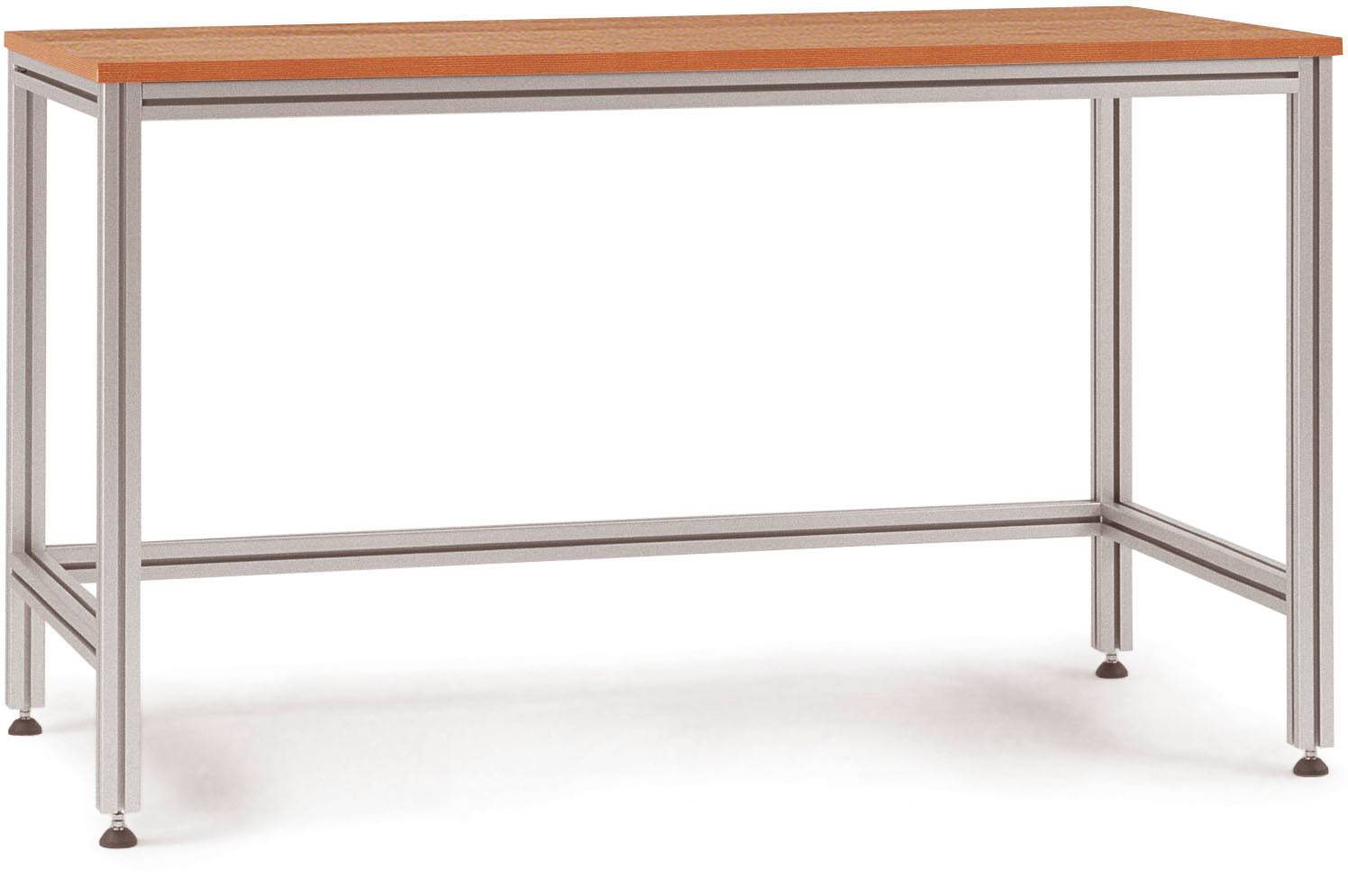 Et rektangulært bord med metalben og en bordplade af træ. Velegnet til arbejdsområder eller spisepladser.