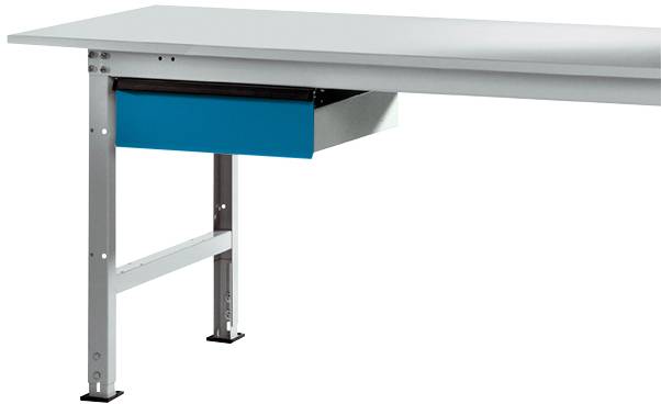 Et gråt bord med stabile metalben og en integreret blå skuffe under bordpladen, velegnet til kontor- eller værkstedsanvendelse.