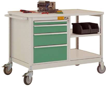 Arbejdsbænk på hjul med grønne skuffer, elektroniske værktøjer øverst og to sorte rum til højre.