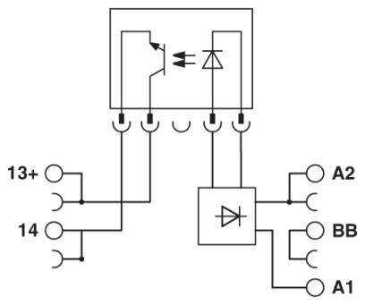 Principdiagram for en elektronisk komponent med tilslutningspunkterne 13+, 14, A2, BB, A1; viser forbindelsesmuligheder og interne kredsløb.