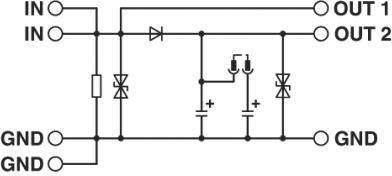 Elektronisk kredsdiagram med to dioder, der forbinder indgang (IN) og udgang (UD 1, UD 2). To kondensatorer forbundet parallelt.