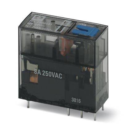 Et relæ med gennemsigtigt hus, som viser kontakter og spolesystem. Mærkning: '8A 250VAC', der repræsenterer elektriske parametre.