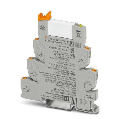 Et gråt elektronisk komponent med forbindelsesklemmer og orange håndtag, som bruges i elektroniske kredsløb.