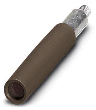 En metalcylinder med en brun belægning og gevind i den ene ende. Sandsynligvis et greb eller en del af et værktøj.