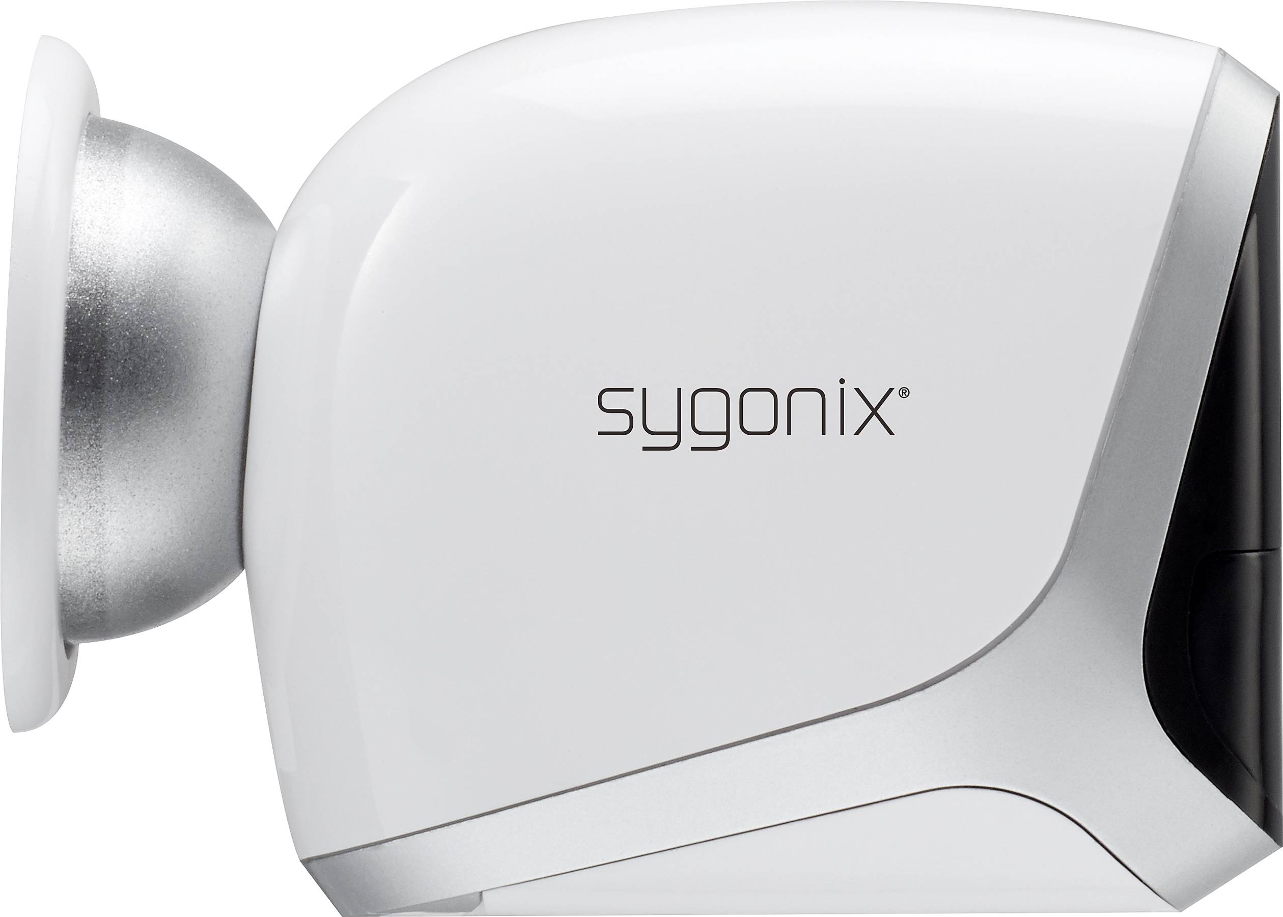 Hvid Sygonix sikkerhedskamera-kabinet, set fra siden.