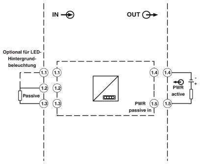 Diagram over en elektrisk kredsløb med indgangs- og udgangspunkter. Indeholder passive og aktive strømkomponenter. Opt. LED-baggrundsbelysning.