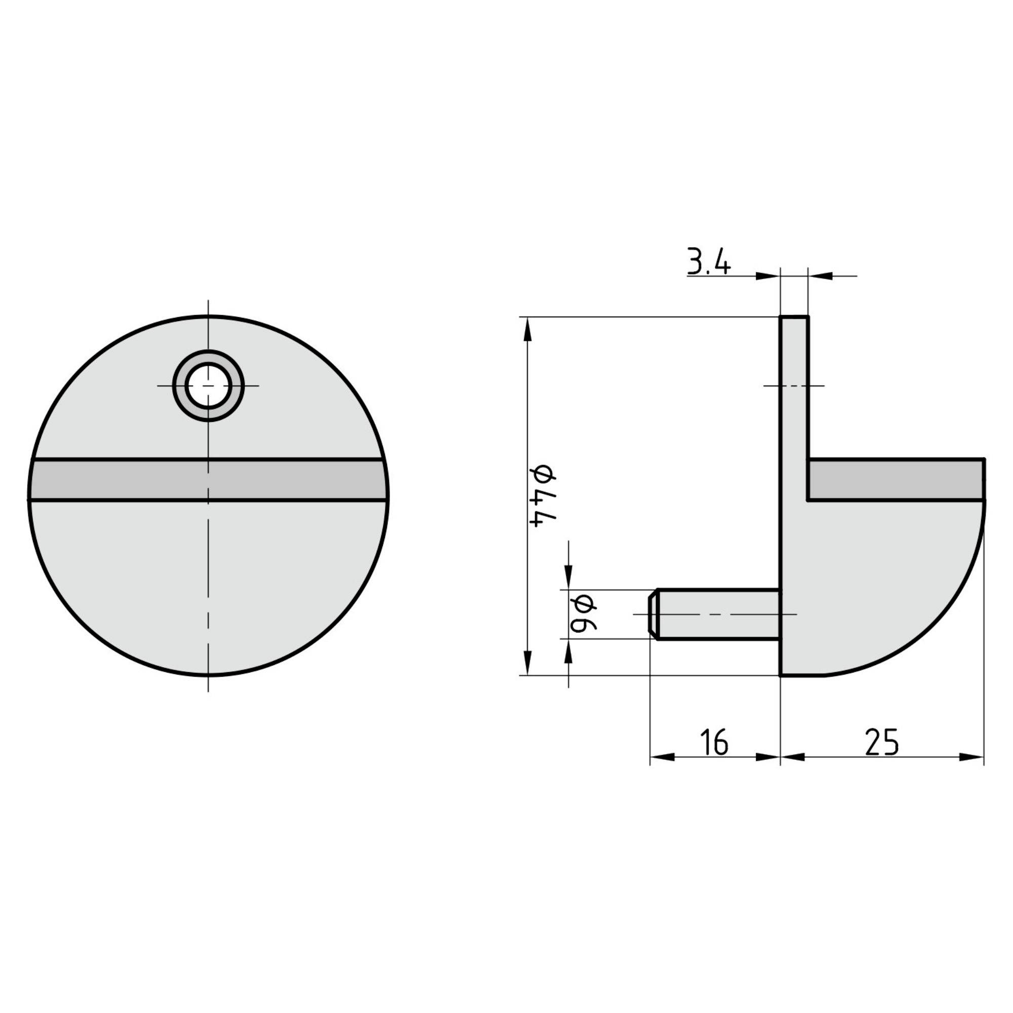 Teknisk tegning af en beslag set fra side og forfra med markerede mål: 34 mm, 90° vinkel, 16 mm og 25 mm.