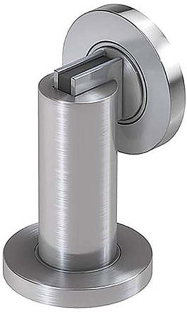 En sølvfarvet dørstop i metal med cylindrisk design og rund base, egnet til vægmontering.