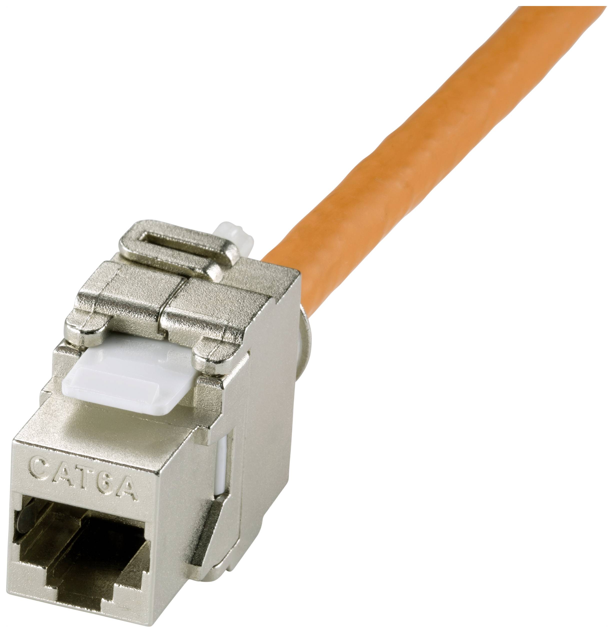 Et orange netværkskabel med en CAT 6A-stik.