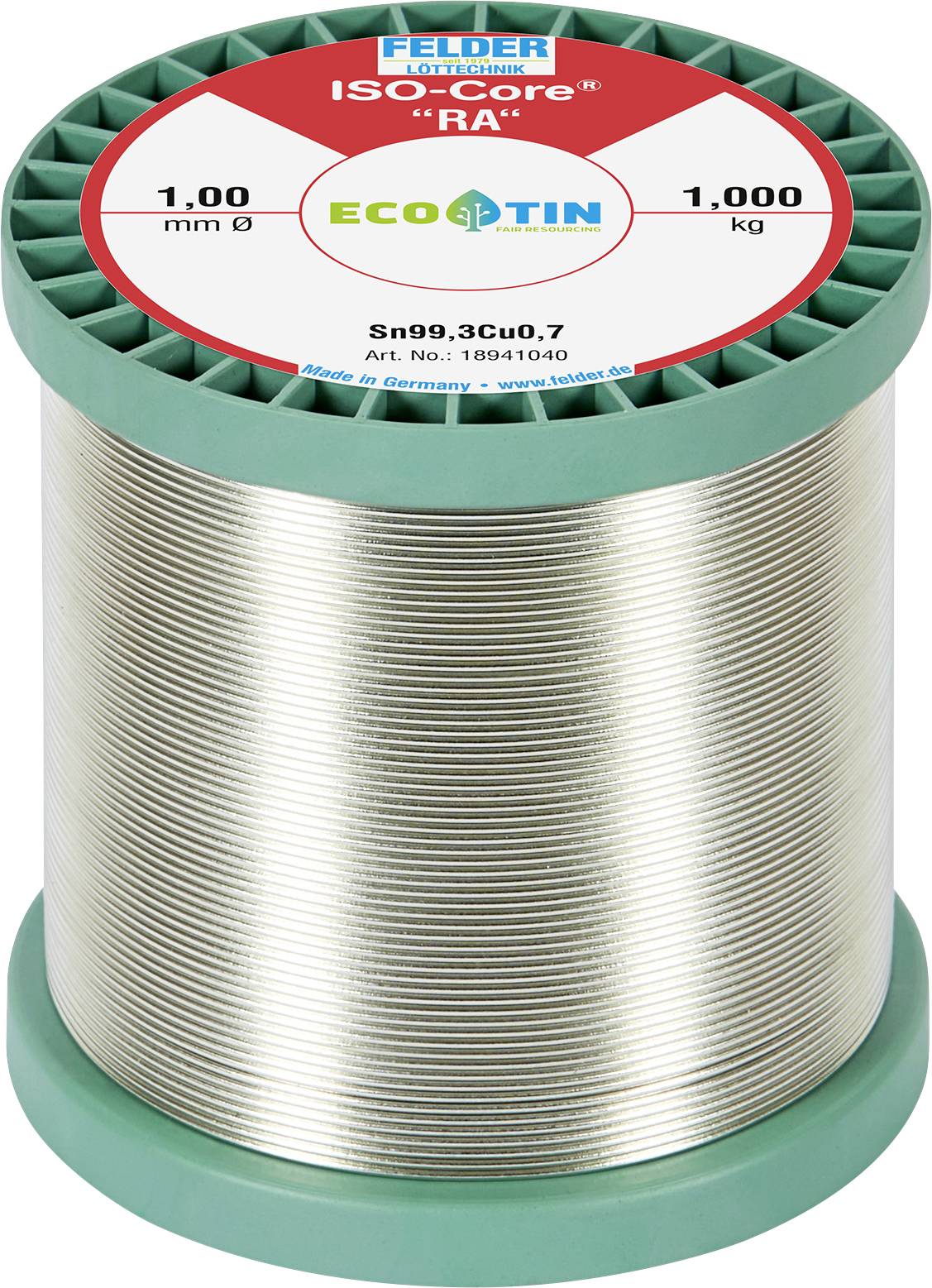 En spole Felder Eco-Tin ISO-Core 'RA' loddetråd, 1,00 mm diameter, 1.000 kg.