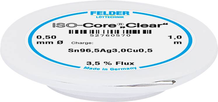 Rund loddeledning mærket 'ISO-Core Clear', diameter: 0,50 mm, længde: 1,0 m, legering: Sn96,5Ag3,0Cu0,5, flusmiddelindhold: 3,5 %.