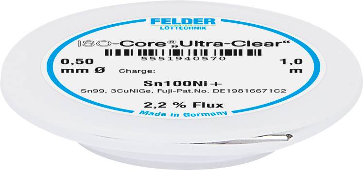 En loddeteknik-emballage med påskriften 'ISO-Core Ultra-Clear', 0,50 mm Ø, Sn100Ni+, 2,2% flux, fremstillet i Tyskland.